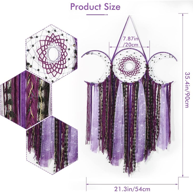 ANROYE Purple Triple Moon Goddess Macrame Wall Hanging, Boho Wiccan Crescent Dream Catcher, Bohemian Dreamcatcher for Women,Woven Pagan Tapestry Decor for Bedroom Witch Decoration - Image 3